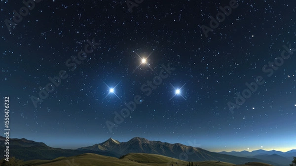 Obraz Stunning cosmic event showcases planets aligning in starry night sky, with bright celestial bodies shining over serene landscape. mountains create beautiful backdrop for this astronomical display