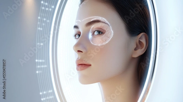Obraz Futuristic smart mirror displaying health metrics reflects woman face, showcasing advanced technology and beauty. glowing interface highlights her features, creating captivating visual experience
