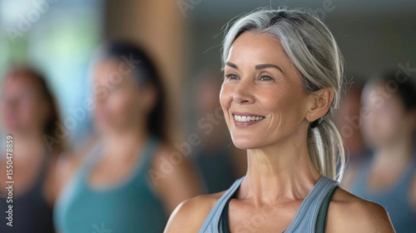 Obraz Confident woman with gray hair smiles during fitness class, surrounded by diverse group of women. atmosphere is energetic and supportive, showcasing commitment to health and wellness