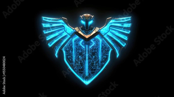 Obraz Futuristic shield icon featuring glowing blue lines and circuits, symbolizing strength and technology. design evokes sense of protection and innovation, perfect for digital or gaming theme