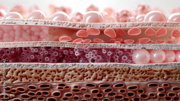 Obraz Cross section of skin layers showcasing various components such as sweat glands, blood vessels, and cells. This detailed illustration highlights complexity and structure of human skin