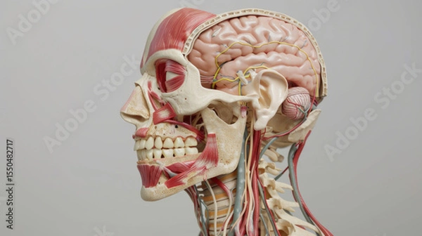Obraz Anatomical model showcasing human skull and brain, highlighting muscles, nerves, and intricate structure of head. This detailed representation emphasizes complexity of human anatomy