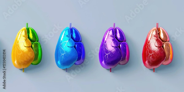 Obraz Colorful human hearts displayed in row, showcasing vibrant hues of green, blue, purple, and red. Each heart features intricate details, emphasizing anatomical structures and veins