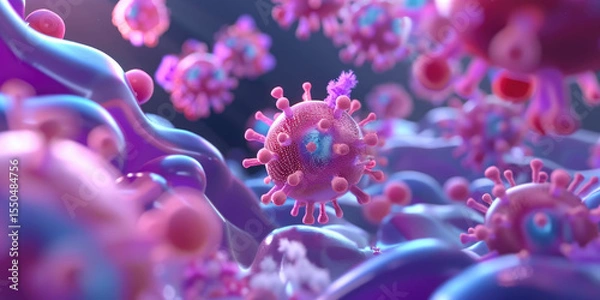 Obraz Microscopic view of colorful viruses attacking cell, showcasing intricate details and vibrant colors. scene evokes sense of wonder and curiosity about microscopic world