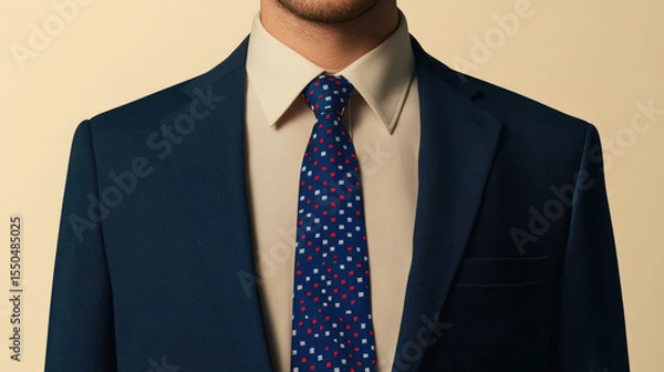 Obraz Well dressed individual navy blue suit and patterned tie stands against neutral background, exuding confidence and professionalism. tie features vibrant design with red and white squares