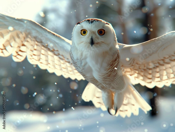Obraz Majestic snow owl in mid flight, showcasing its striking features and wingspan against snowy backdrop. scene captures beauty and grace of this magnificent bird, evoking sense of wonder and freedom