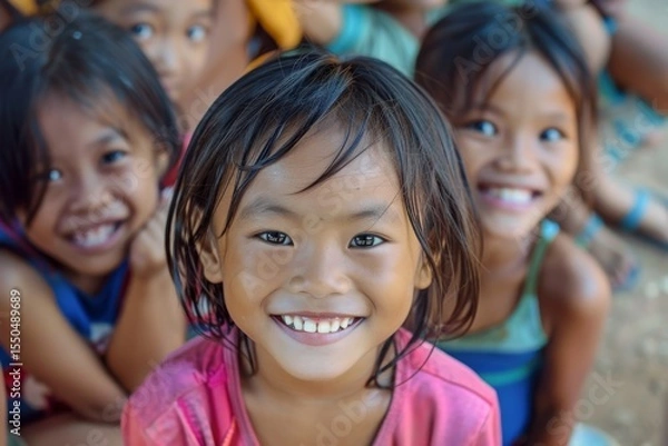 Fototapeta Group of asian children smiling and looking at the camera. Thailand