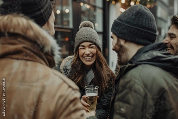 Fototapeta Group of friends having fun and drinking beer on the street in winter.