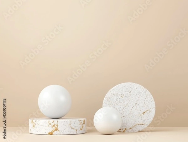 Fototapeta Abstract display, minimalist, marble, podiums, spheres