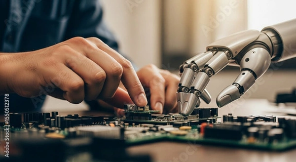 Obraz A human and a robotic hand collaborating to work on a complex electronics circuit board.
