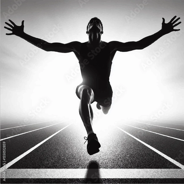 Fototapeta A black and white silhouette of an athlete who runs very fast overcoming the finish line. Vector graphics. EPS.