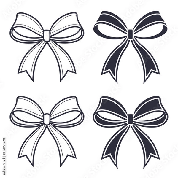 Fototapeta Four Vector Ribbons Tied in Bows Black and White Line Art