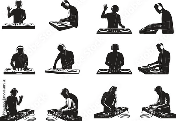 Fototapeta Set of silhouette dj player icon vector illustration with white background	