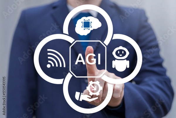 Fototapeta Person using virtual touch screen presses the abbreviation: AGI. AGI Artificial General Intelligence. AI brain powered machine learning.