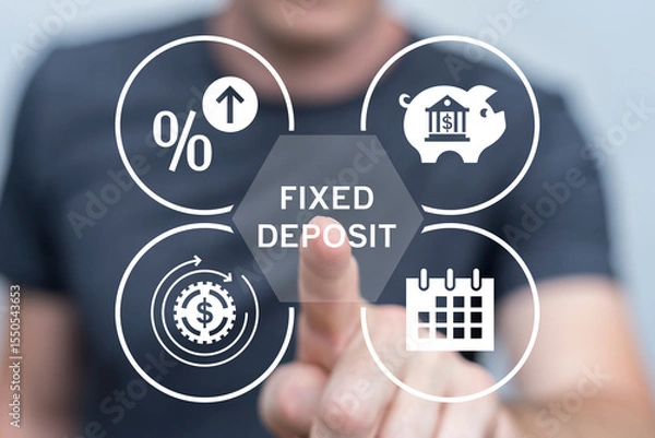 Fototapeta Benefits of fixed deposit an investment option concept. Person using virtual touch screen presses the inscription: FIXED DEPOSIT. Fixed deposit banking technology.
