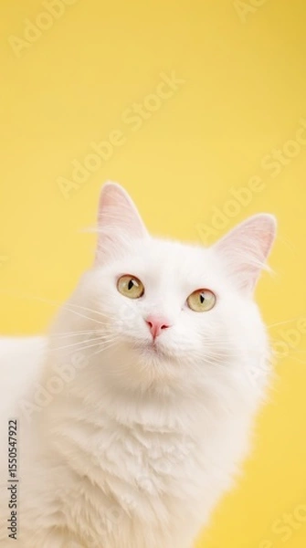 Fototapeta White cat posing on yellow background: fluffy feline with expressive eyes