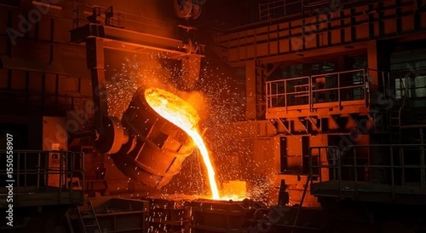 Obraz An intense and dramatic shot of glowing, molten steel being poured from a massive industrial ladle, creating a shower of bright orange sparks against a dark foundry background.