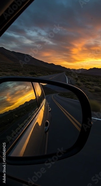 Obraz A view from inside a moving car on a scenic mountain road. The car's side mirror is in focus, reflecting the dramatic sunset and the long, empty road stretching behind.