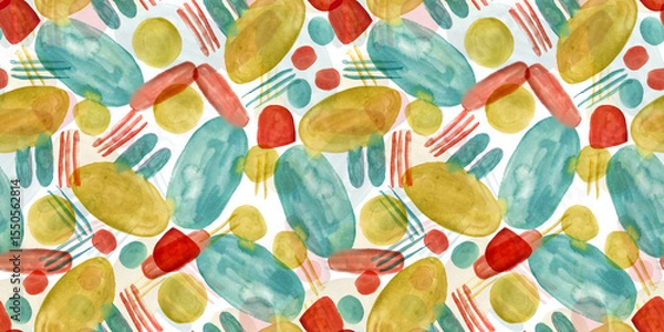 Fototapeta Abstract hand painted watercolor seamless pattern of olive, red and teal shapes and lines. Playful watercolour aquamarine green and mustard yellow stains and blobs print for textile design, surface