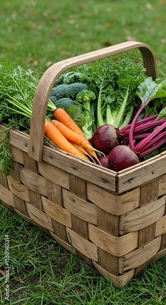 Obraz A rustic wooden farmer's market basket, overflowing with a vibrant assortment of fresh, organic vegetables like carrots, beets, and leafy greens, with dewdrops on them.