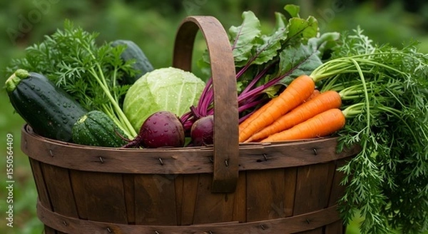Obraz A rustic wooden farmer's market basket, overflowing with a vibrant assortment of fresh, organic vegetables like carrots, beets, and leafy greens, with dewdrops on them.