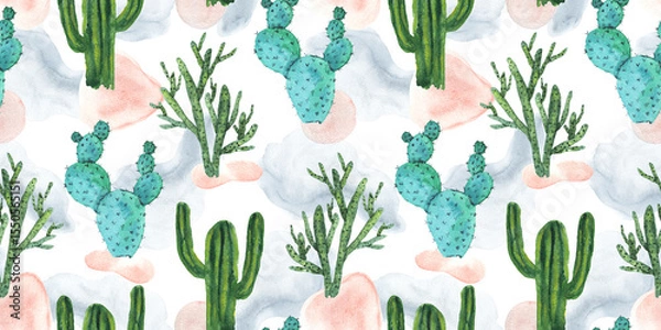 Fototapeta Colorful playful seamless pattern of green and teal watercolor cactus on textured with color shapes background. Bright exotic cacti print for textile design, wrapping paper, surface, wallpaper