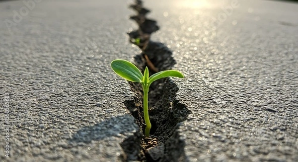 Obraz A single, resilient green sprout pushing its way up through a crack in a dry, grey urban concrete pavement. A powerful metaphor for hope, resilience, and new beginnings.