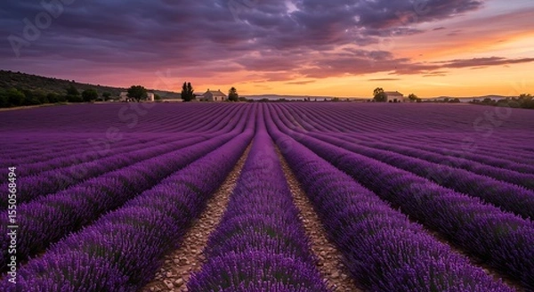 Obraz A breathtaking landscape photograph of a vibrant purple lavender field in Provence, France, under a dramatic sunset sky. The rows of lavender lead towards the horizon.