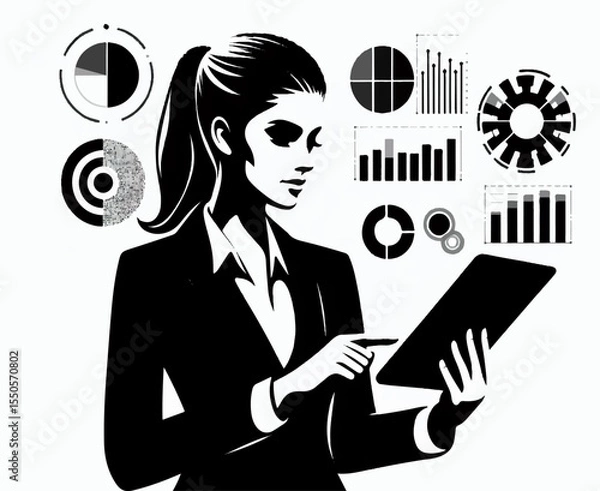 Fototapeta The silhouette of a business analyst girl holding a tablet in her hands composing infographics on a white background. Vector graphics. EPS.