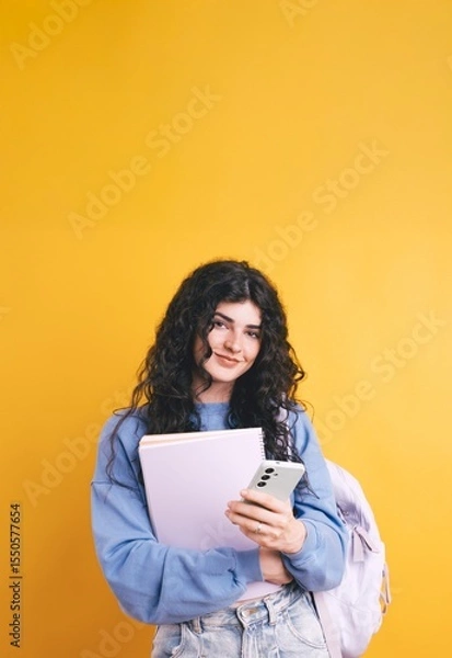 Fototapeta Smiling student using smartphone and holding notebook on yellow background