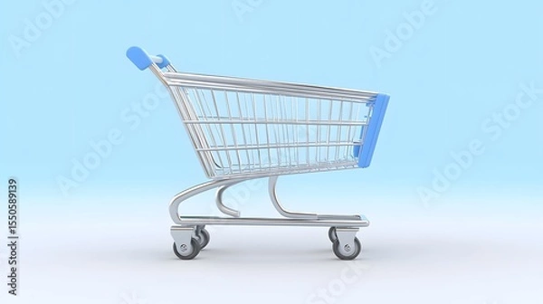 Obraz Empty Shopping Cart on Blue Background, 3D Render