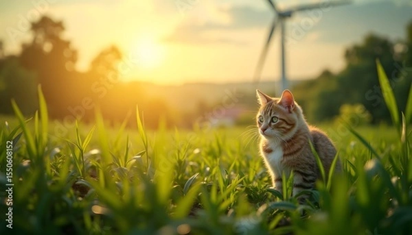 Obraz Cute Cat Sitting in Green Field at Sunset with Wind Turbine in Background
