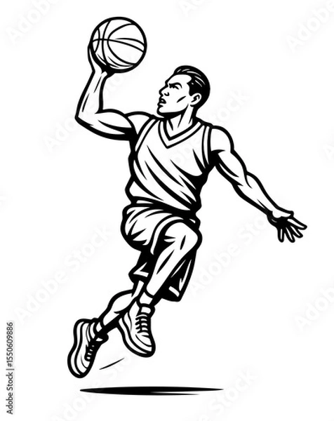 Obraz A basketball player is in mid-air, jumping to catch a basketball