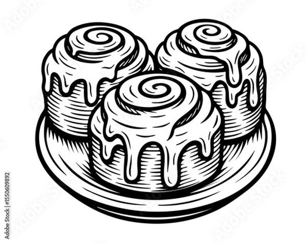 Obraz Three cinnamon rolls with icing on a plate
