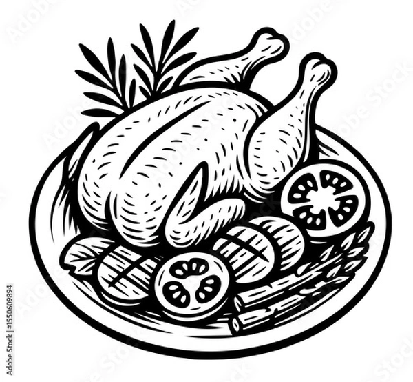 Obraz A plate of food with a chicken and vegetables on it