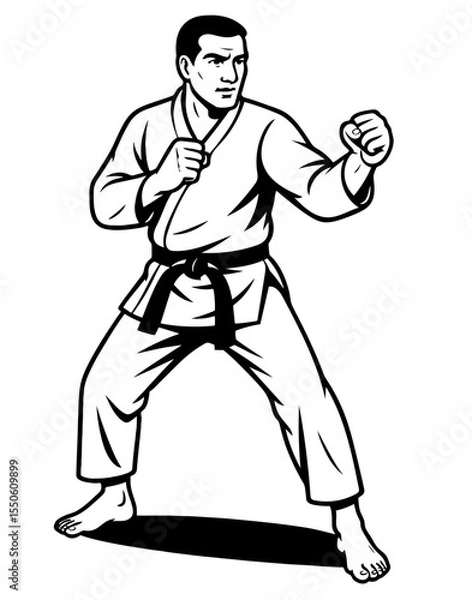 Obraz A karate man in a white and black uniform is punching