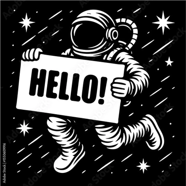 Fototapeta A man in a spacesuit holding a sign that says Hello!
