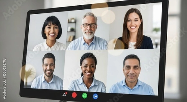 Fototapeta Diverse group of people participating in a video conference meeting showing collaboration and teamwork