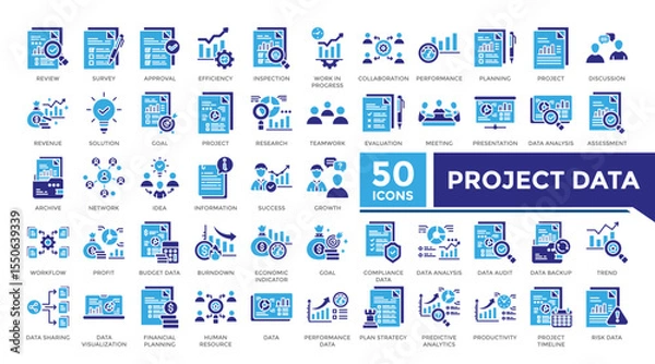Obraz Project data icon solid two color set collection. This set includes presentation,data analysis,inspection,work in progress,strategy plan and more icons in solid style. Icon collection for infographics