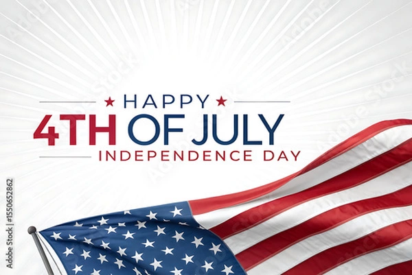 Fototapeta 4th of July Banner with Waving American Flag and Bold Text