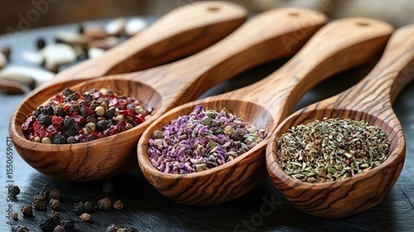 Obraz Wooden Scoops Filled with Assorted Herbs and Spices 