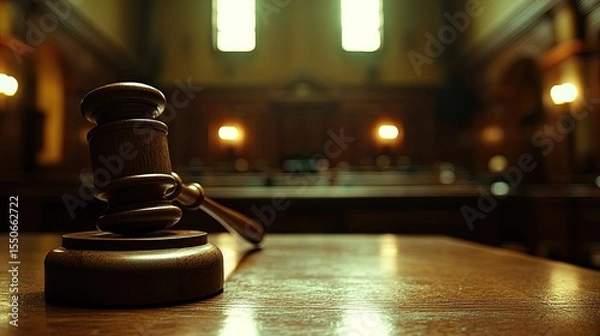 Obraz Wooden Gavel on Sound Block in Blurred Courtroom Scene 