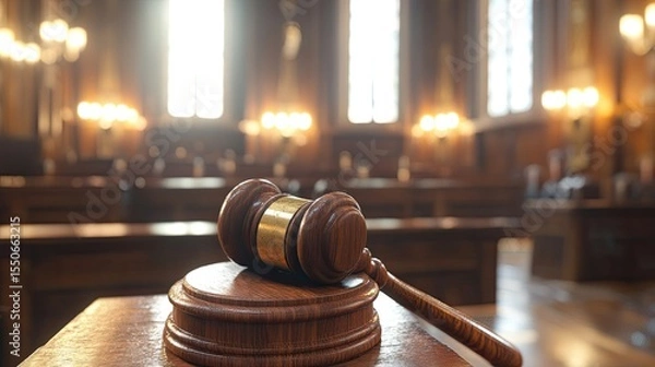 Obraz Wooden Gavel on Sound Block in Blurred Courtroom Scene 