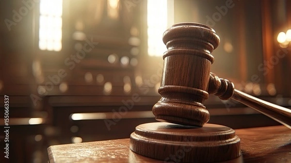 Obraz Wooden Gavel on Sound Block in Blurred Courtroom Scene 