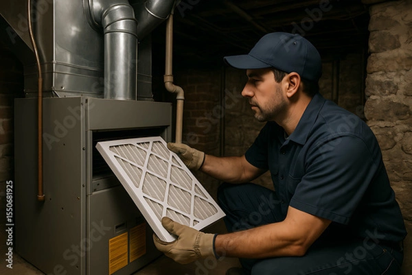 Obraz A technician in workwear replaces a furnace air filter in a dimly lit basement or utility room.HVAC technician checks furnace, filter, and air during maintenance. 