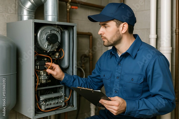 Obraz A technician in a blue uniform inspects and adjusts a home heating system while holding a clipboard.HVAC technician checks furnace, filter, and air during maintenance. 