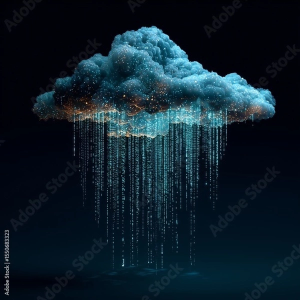 Obraz Futuristic Data Cloud Raining Binary Code in a Dark Digital Sky