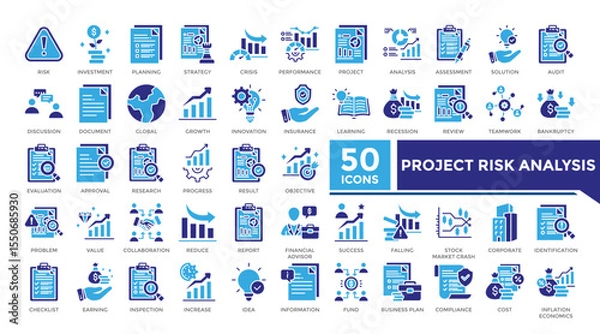 Fototapeta Project risk analysis icon solid two color set collection. his set includes risk, investment, strategy, inflation economics, stock market and more icon in solid style. Icons collection for infographic