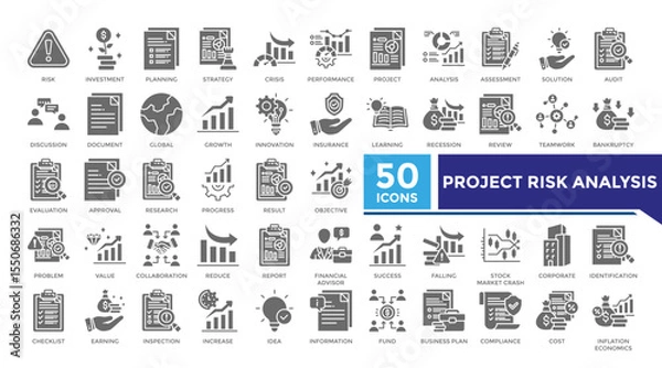 Obraz Project risk analysis solid icon set collection. This set includes risk, investment, strategy, inflation economics, stock market and more icon in solid style. Vector icons collection for infographics