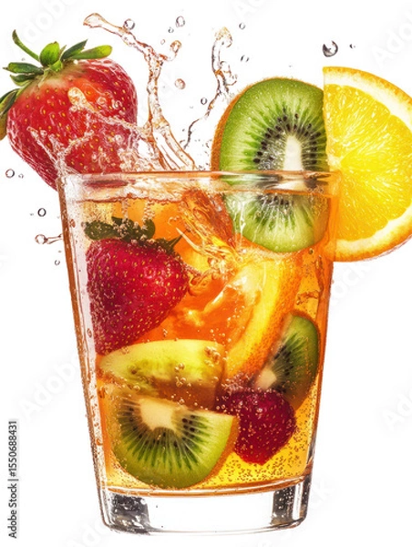 Fototapeta Fruit Punch Drink - Vibrant mixed fruit punch with slices of tropical fruits on transparent background

